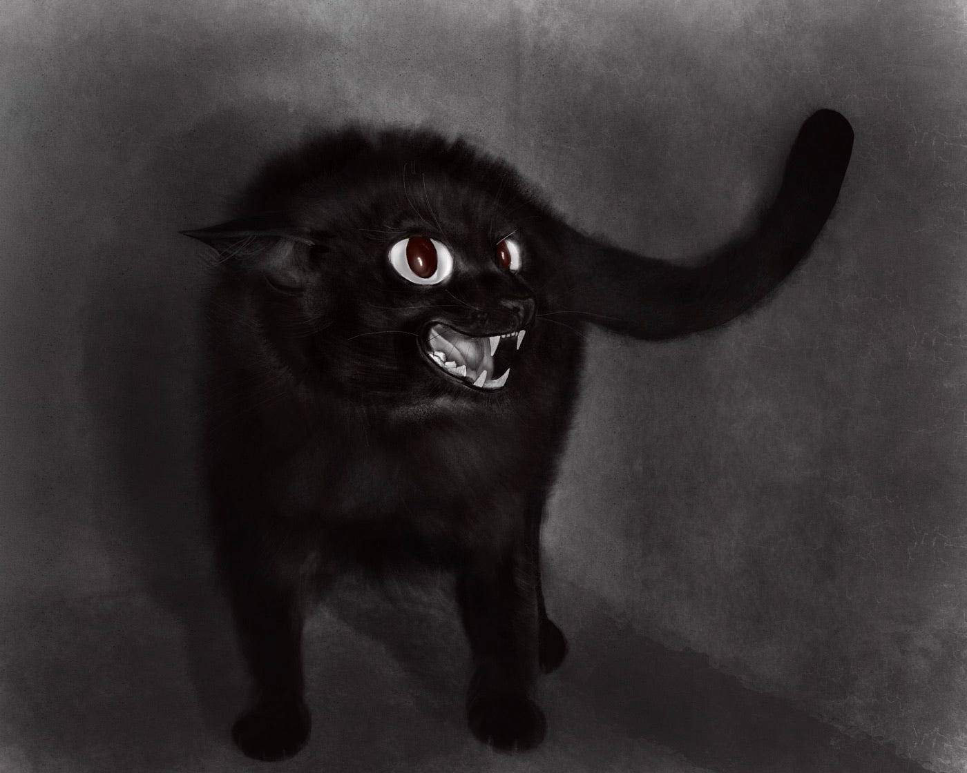 Charcoal painting of a black cat with a wide pale eye and bared teeth, tail raised, against a smudged grey ground.