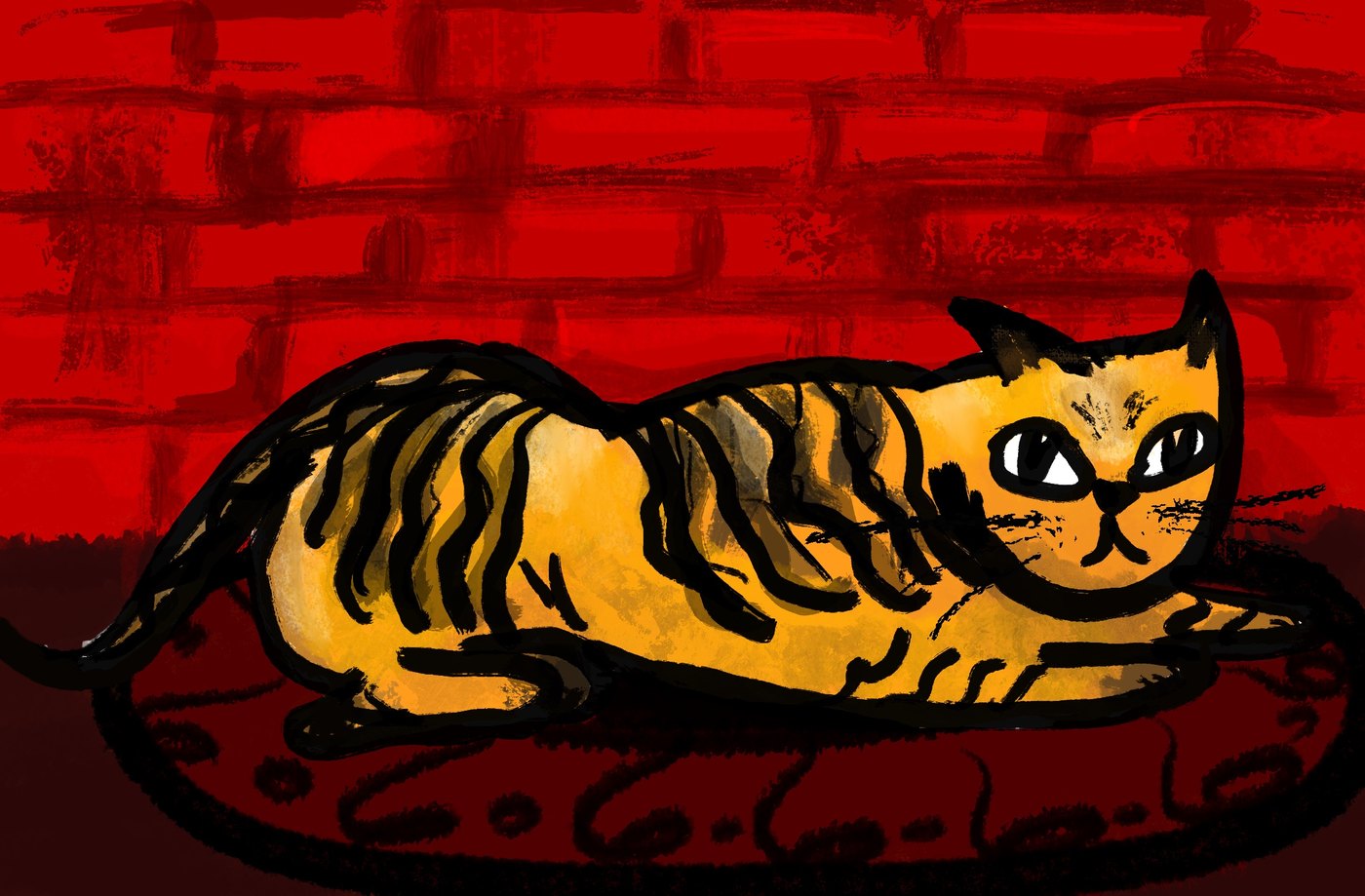 Illustration of a ginger tabby cat lying stretched out on a dark rug in front of a bright red brick wall, drawn in bold black brush lines over flat colour.