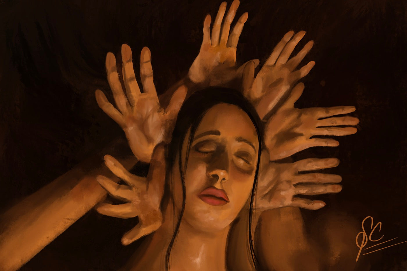 Painting of a woman lying back with her eyes closed while many disembodied hands reach across her face and shoulders.