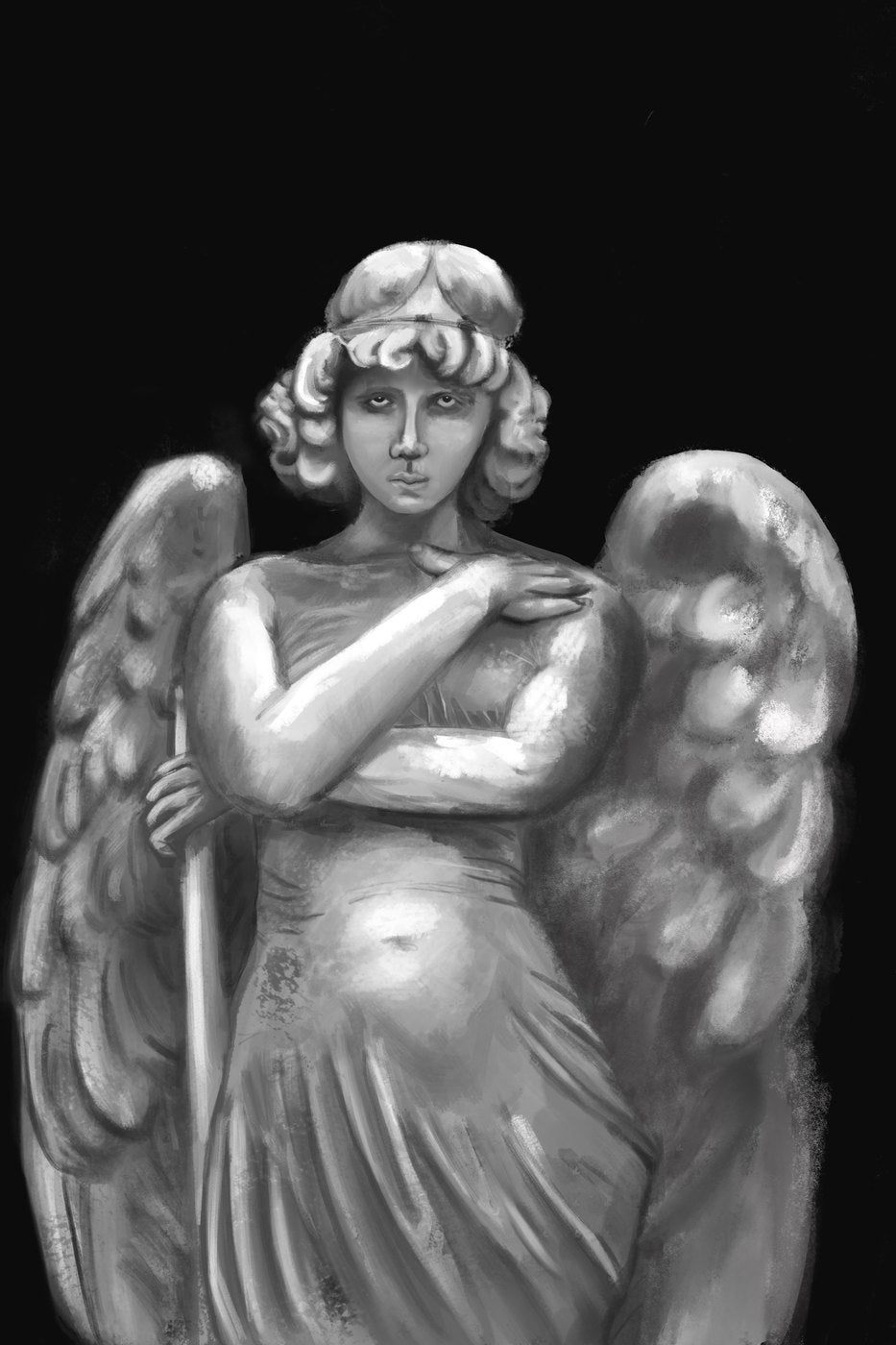 Grayscale painting of a stone angel statue with curled hair and folded wings, arms crossed over draped robes.