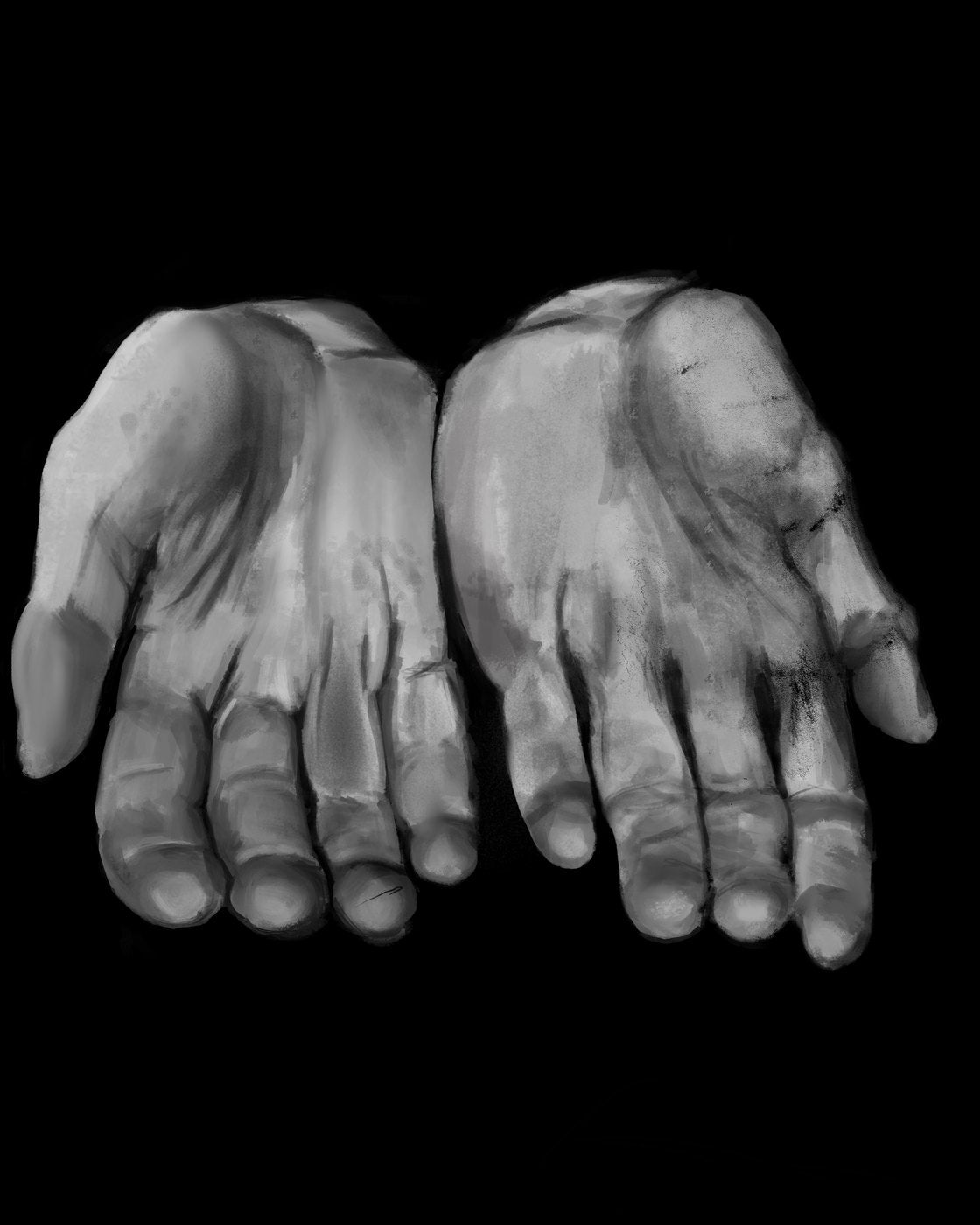 Painting of two upturned open hands side by side, palms out and fingers slightly spread, on a white ground.