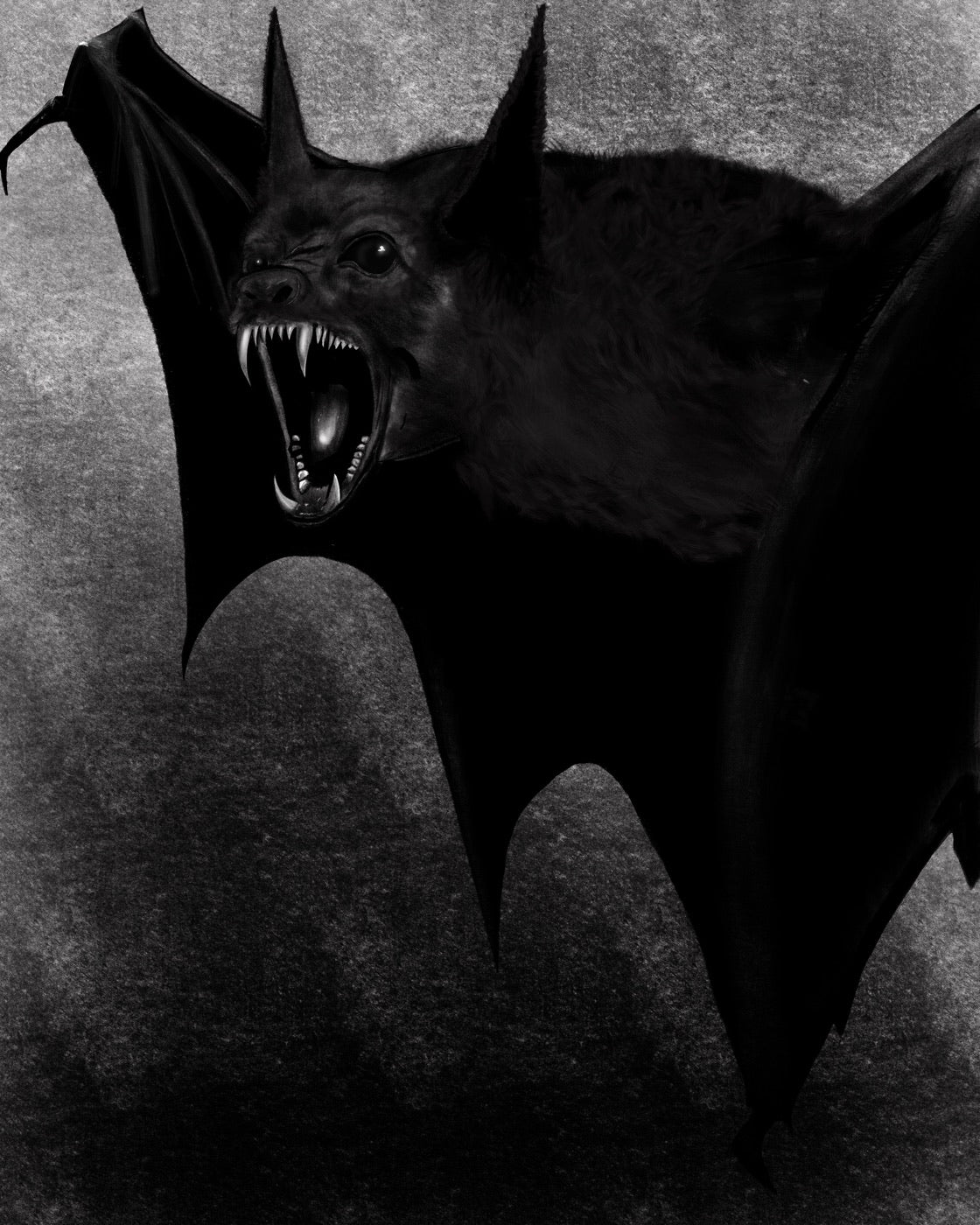 Dark painting of a bat with its fanged mouth open and wings spread wide against a heavily textured black ground.