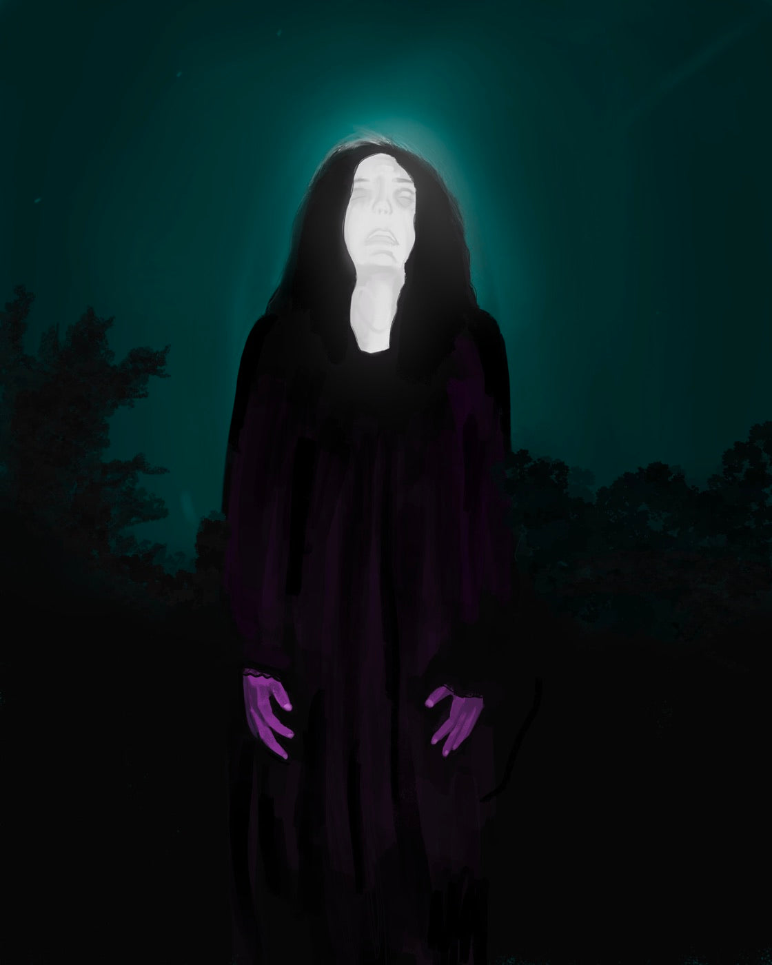 Painting of a hooded figure standing outdoors at night, its face a pale glowing blur against the dark treeline.