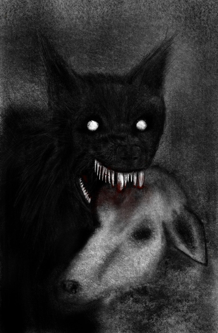 Charcoal painting of a black wolf with pale glowing eyes and bared teeth resting its jaw over the head of a white sheep.